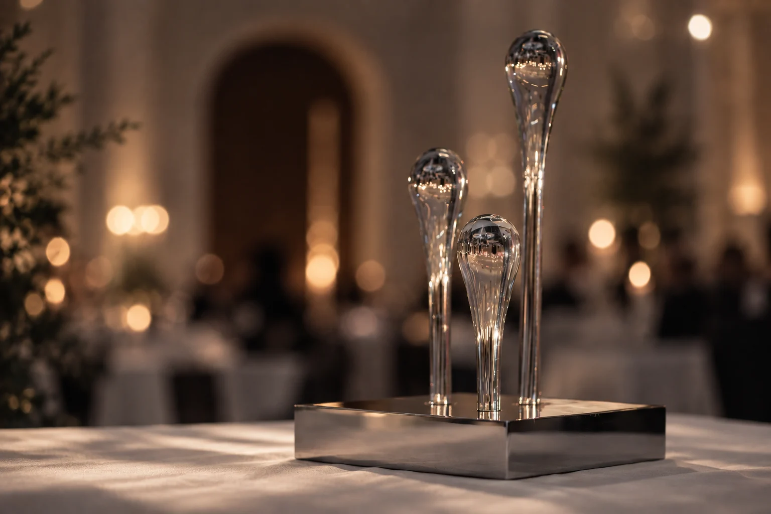 Sculptural glass award on a reflective metal base in an elegantly lit interior